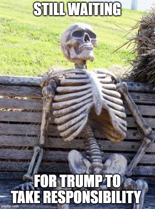 Waiting Skeleton Meme | STILL WAITING FOR TRUMP TO TAKE RESPONSIBILITY | image tagged in memes,waiting skeleton | made w/ Imgflip meme maker