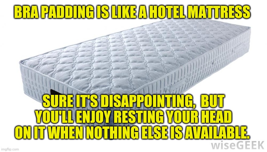 Mattress | BRA PADDING IS LIKE A HOTEL MATTRESS SURE IT'S DISAPPOINTING,  BUT YOU'LL ENJOY RESTING YOUR HEAD ON IT WHEN NOTHING ELSE IS AVAILABLE. | image tagged in mattress,bra,deception | made w/ Imgflip meme maker