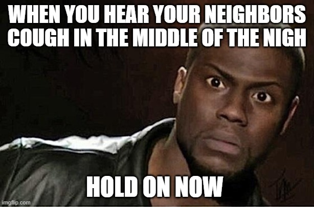 Kevin Hart Meme | WHEN YOU HEAR YOUR NEIGHBORS COUGH IN THE MIDDLE OF THE NIGH; HOLD ON NOW | image tagged in memes,kevin hart | made w/ Imgflip meme maker