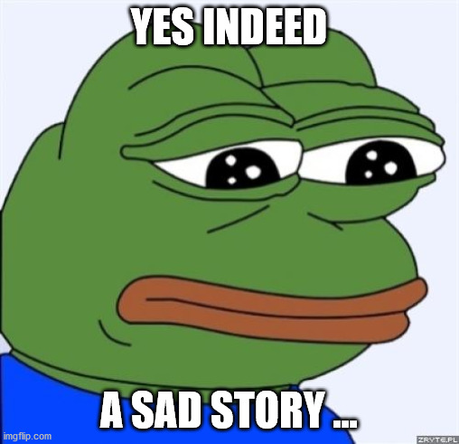 sad frog | YES INDEED A SAD STORY ... | image tagged in sad frog | made w/ Imgflip meme maker