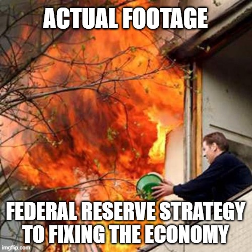Because printing money is always the solution | ACTUAL FOOTAGE; FEDERAL RESERVE STRATEGY TO FIXING THE ECONOMY | image tagged in fire idiot bucket water,economy,federal reserve,stock market,2020,coronavirus | made w/ Imgflip meme maker