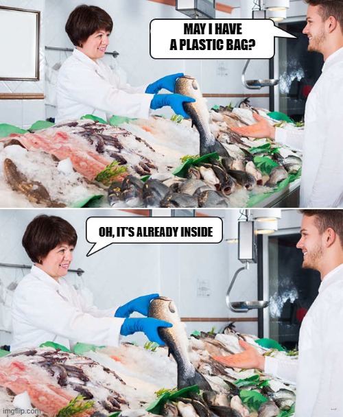 fish market | MAY I HAVE A PLASTIC BAG? OH, IT'S ALREADY INSIDE | image tagged in plastic bag,fish | made w/ Imgflip meme maker