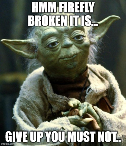 Star Wars Yoda | HMM FIREFLY BROKEN IT IS... GIVE UP YOU MUST NOT.. | image tagged in memes,star wars yoda | made w/ Imgflip meme maker
