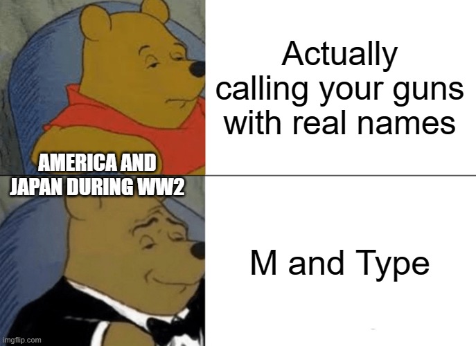 Tuxedo Winnie The Pooh Meme | Actually calling your guns with real names; AMERICA AND JAPAN DURING WW2; M and Type | image tagged in memes,tuxedo winnie the pooh | made w/ Imgflip meme maker