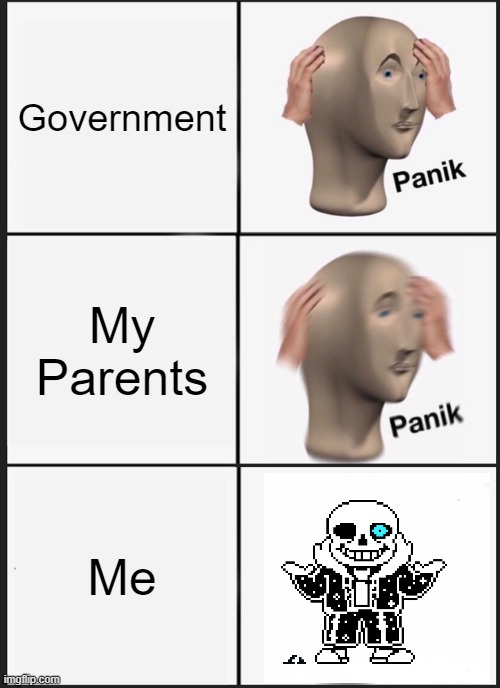 Panik Kalm Panik Meme Government; My Parents; Me image tagged in memes,pani...