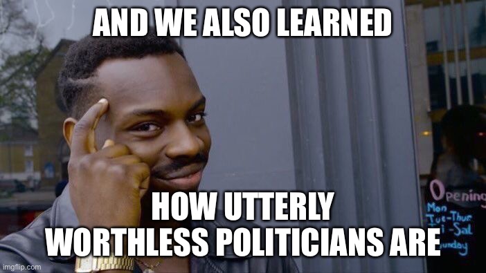 Roll Safe Think About It Meme | AND WE ALSO LEARNED HOW UTTERLY WORTHLESS POLITICIANS ARE | image tagged in memes,roll safe think about it | made w/ Imgflip meme maker