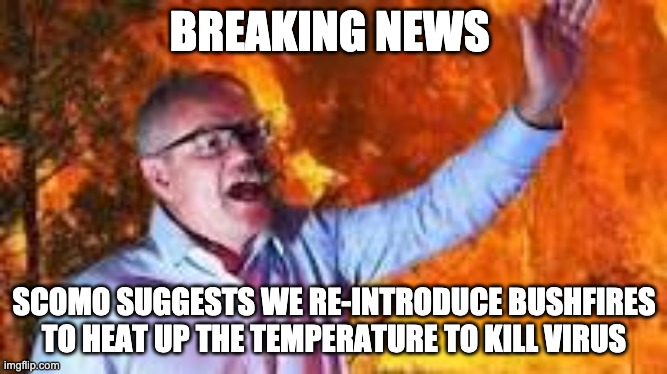 BREAKING NEWS; SCOMO SUGGESTS WE RE-INTRODUCE BUSHFIRES TO HEAT UP THE TEMPERATURE TO KILL VIRUS | image tagged in scomo | made w/ Imgflip meme maker