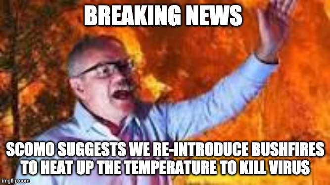 scomo | BREAKING NEWS; SCOMO SUGGESTS WE RE-INTRODUCE BUSHFIRES TO HEAT UP THE TEMPERATURE TO KILL VIRUS | image tagged in scomo | made w/ Imgflip meme maker