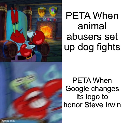 Why did peta disrespect Steve Irwin? | PETA When animal abusers set up dog fights; PETA When Google changes its logo to honor Steve Irwin | image tagged in changed format,shocked mr krabs,drake hotline bling,mr krabs blur | made w/ Imgflip meme maker