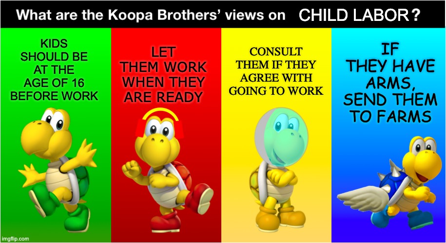 Koopa Bros' Views | IF THEY HAVE ARMS, SEND THEM TO FARMS; KIDS SHOULD BE AT THE AGE OF 16 BEFORE WORK; CHILD LABOR; LET THEM WORK WHEN THEY ARE READY; CONSULT THEM IF THEY AGREE WITH GOING TO WORK | image tagged in koopa bros' views | made w/ Imgflip meme maker