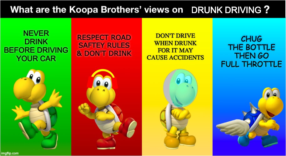 Koopa Bros' Views | NEVER DRINK BEFORE DRIVING YOUR CAR; DRUNK DRIVING; DON'T DRIVE WHEN DRUNK FOR IT MAY CAUSE ACCIDENTS; CHUG THE BOTTLE THEN GO FULL THROTTLE; RESPECT ROAD SAFTEY RULES & DON'T DRINK | image tagged in koopa bros' views | made w/ Imgflip meme maker