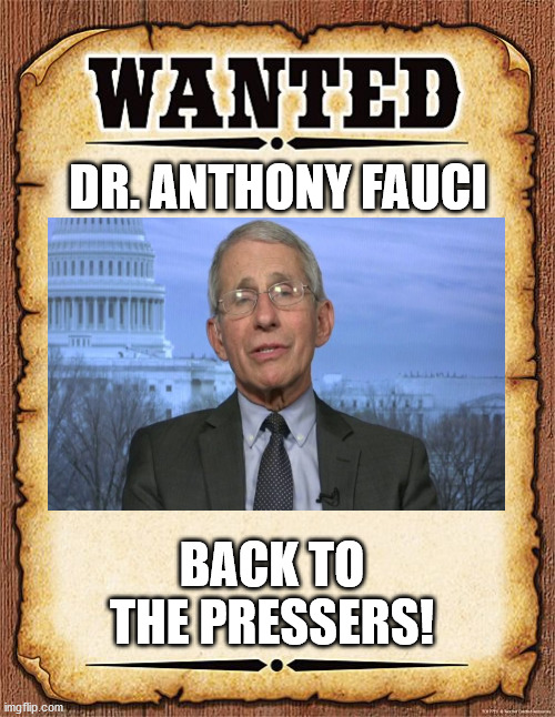 wanted poster | DR. ANTHONY FAUCI; BACK TO THE PRESSERS! | image tagged in wanted poster | made w/ Imgflip meme maker