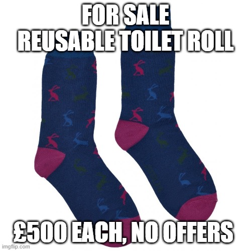 toilet roll for sale | FOR SALE REUSABLE TOILET ROLL; £500 EACH, NO OFFERS | image tagged in toilet paper,sale | made w/ Imgflip meme maker
