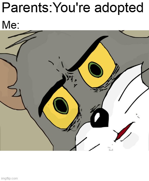 Unsettled Tom | Parents:You're adopted; Me: | image tagged in memes,unsettled tom | made w/ Imgflip meme maker