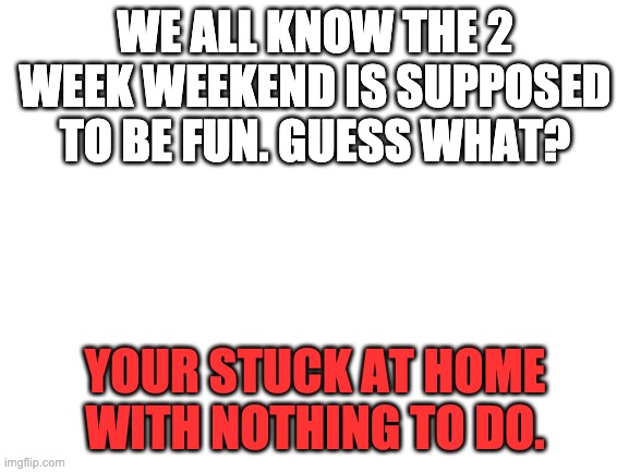 Blank White Template | WE ALL KNOW THE 2 WEEK WEEKEND IS SUPPOSED TO BE FUN. GUESS WHAT? YOUR STUCK AT HOME WITH NOTHING TO DO. | image tagged in blank white template | made w/ Imgflip meme maker