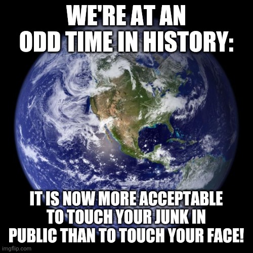 earth | WE'RE AT AN ODD TIME IN HISTORY:; IT IS NOW MORE ACCEPTABLE TO TOUCH YOUR JUNK IN PUBLIC THAN TO TOUCH YOUR FACE! | image tagged in earth | made w/ Imgflip meme maker