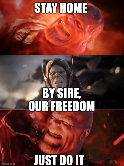 Thanos just do it | STAY HOME; BY SIRE, OUR FREEDOM; JUST DO IT | image tagged in thanos just do it | made w/ Imgflip meme maker