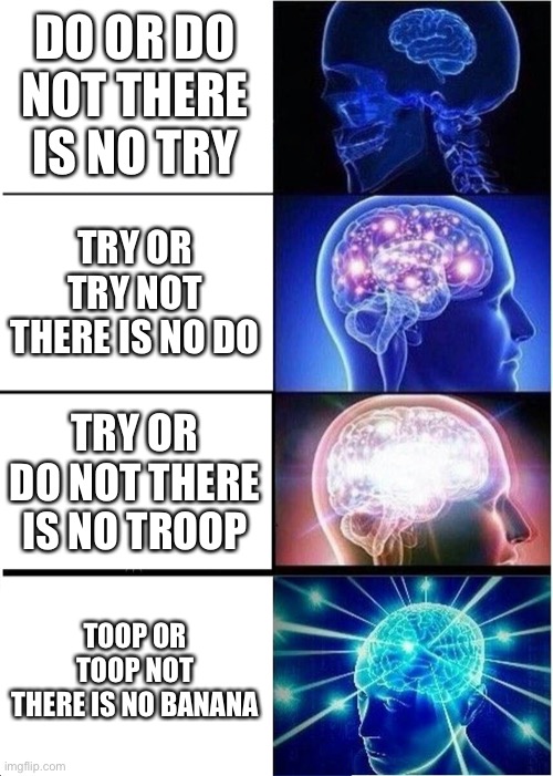 Expanding Brain Meme | DO OR DO NOT THERE IS NO TRY; TRY OR TRY NOT THERE IS NO DO; TRY OR DO NOT THERE IS NO TROOP; TOOP OR TOOP NOT
THERE IS NO BANANA | image tagged in memes,expanding brain | made w/ Imgflip meme maker