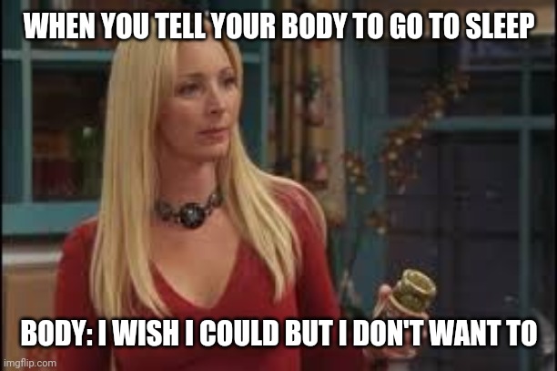 Phoebe Friends  | WHEN YOU TELL YOUR BODY TO GO TO SLEEP; BODY: I WISH I COULD BUT I DON'T WANT TO | image tagged in phoebe friends | made w/ Imgflip meme maker