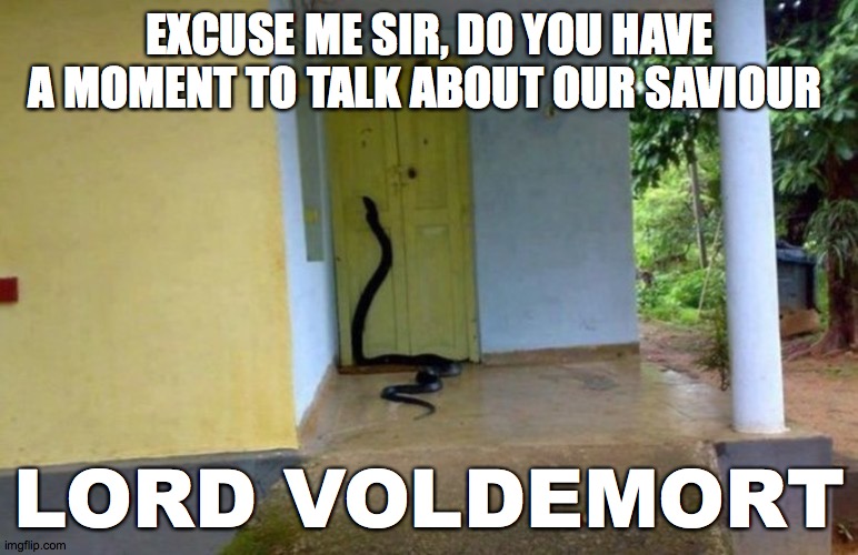 Snake Door | EXCUSE ME SIR, DO YOU HAVE A MOMENT TO TALK ABOUT OUR SAVIOUR; LORD VOLDEMORT | image tagged in snake door | made w/ Imgflip meme maker
