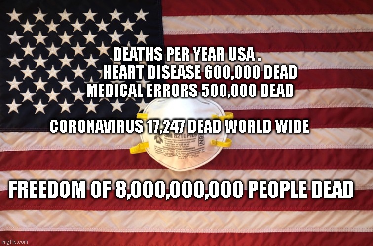 Covid-19 USA | DEATHS PER YEAR USA .           HEART DISEASE 600,000 DEAD 
  MEDICAL ERRORS 500,000 DEAD                             
   CORONAVIRUS 17,247 DEAD WORLD WIDE; FREEDOM OF 8,000,000,000 PEOPLE DEAD | image tagged in covid-19 usa | made w/ Imgflip meme maker