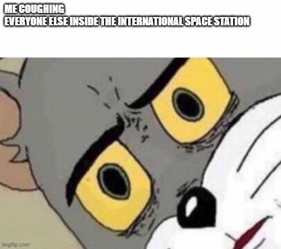 Tom Cat Unsettled Close up | ME COUGHING
EVERYONE ELSE INSIDE THE INTERNATIONAL SPACE STATION | image tagged in tom cat unsettled close up | made w/ Imgflip meme maker