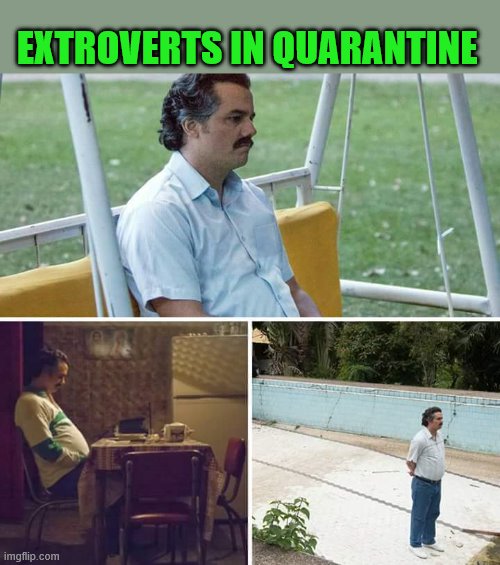 Sad Pablo Escobar Meme | EXTROVERTS IN QUARANTINE | image tagged in memes,sad pablo escobar,coronavirus | made w/ Imgflip meme maker