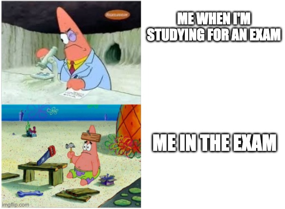 Patrick Smart Dumb | ME WHEN I'M STUDYING FOR AN EXAM; ME IN THE EXAM | image tagged in patrick smart dumb | made w/ Imgflip meme maker