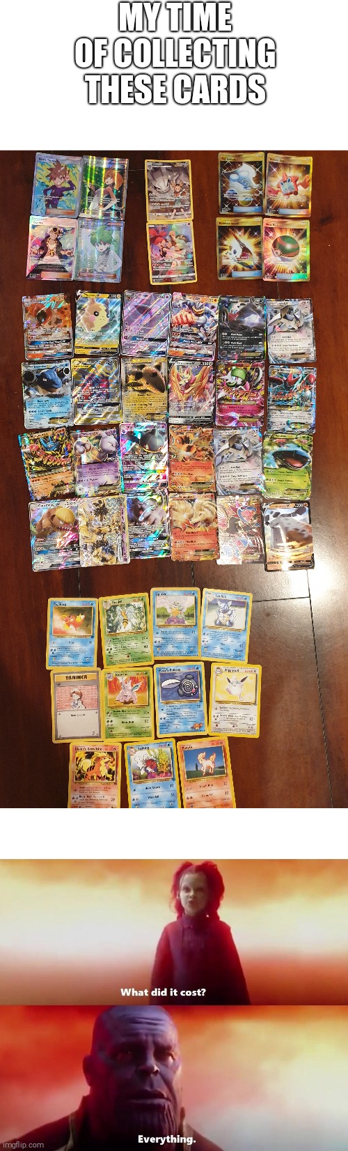 My rare pokemon collection | MY TIME OF COLLECTING THESE CARDS | image tagged in thanos what did it cost,pokemon go,rare,why am i doing this,stop reading the tags | made w/ Imgflip meme maker