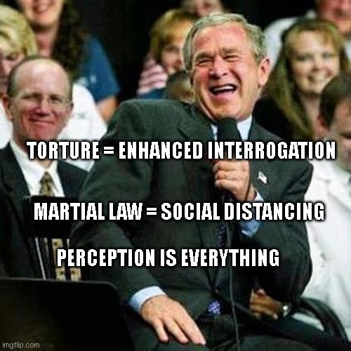 Bush thinks its funny | TORTURE = ENHANCED INTERROGATION; MARTIAL LAW = SOCIAL DISTANCING                              PERCEPTION IS EVERYTHING | image tagged in bush thinks its funny | made w/ Imgflip meme maker