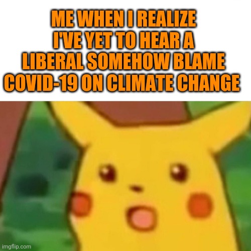 Surprised Pikachu Meme | ME WHEN I REALIZE I'VE YET TO HEAR A LIBERAL SOMEHOW BLAME COVID-19 ON CLIMATE CHANGE | image tagged in memes,surprised pikachu,covid-19,coronavirus,climate change | made w/ Imgflip meme maker