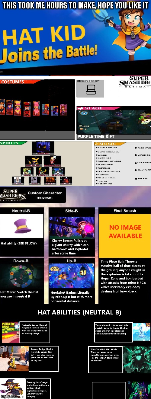 My No 2 request, Hat Kid, finally get a turn in the spotlight! | THIS TOOK ME HOURS TO MAKE, HOPE YOU LIKE IT | image tagged in super smash bros,hat in time,hat kid,custom moveset | made w/ Imgflip meme maker