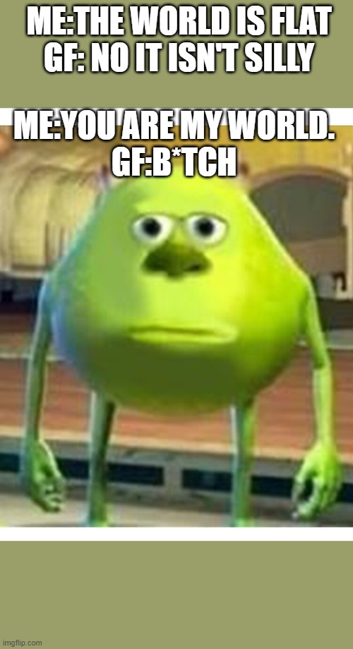 flat boomer | ME:THE WORLD IS FLAT
GF: NO IT ISN'T SILLY; ME:YOU ARE MY WORLD.
GF:B*TCH | image tagged in dank memes,memes,boomer,shrek | made w/ Imgflip meme maker