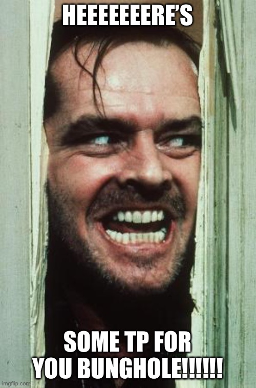 Here's Johnny | HEEEEEEERE’S; SOME TP FOR YOU BUNGHOLE!!!!!! | image tagged in memes,heres johnny | made w/ Imgflip meme maker