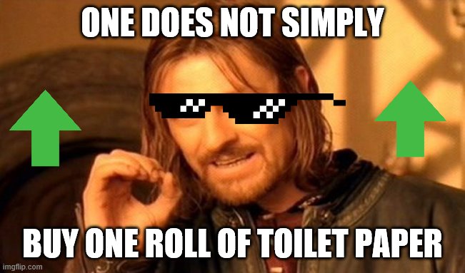 One Does Not Simply Meme | ONE DOES NOT SIMPLY; BUY ONE ROLL OF TOILET PAPER | image tagged in memes,one does not simply | made w/ Imgflip meme maker