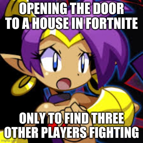 Shantae scared | OPENING THE DOOR TO A HOUSE IN FORTNITE; ONLY TO FIND THREE OTHER PLAYERS FIGHTING | image tagged in shantae scared | made w/ Imgflip meme maker