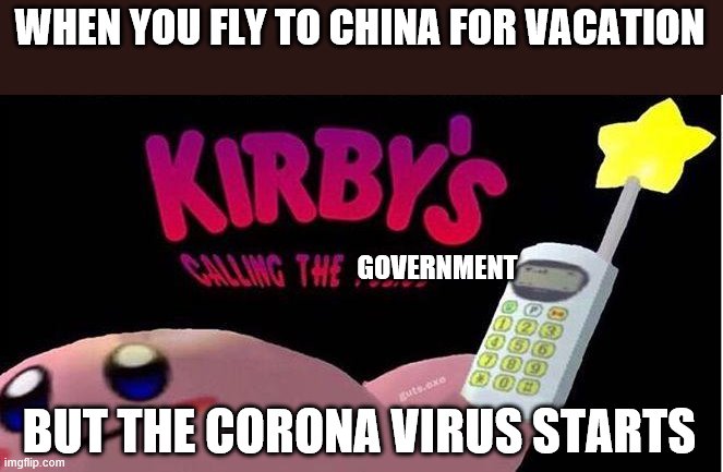 Kirby's calling the Police | WHEN YOU FLY TO CHINA FOR VACATION; GOVERNMENT; BUT THE CORONA VIRUS STARTS | image tagged in kirby's calling the police | made w/ Imgflip meme maker