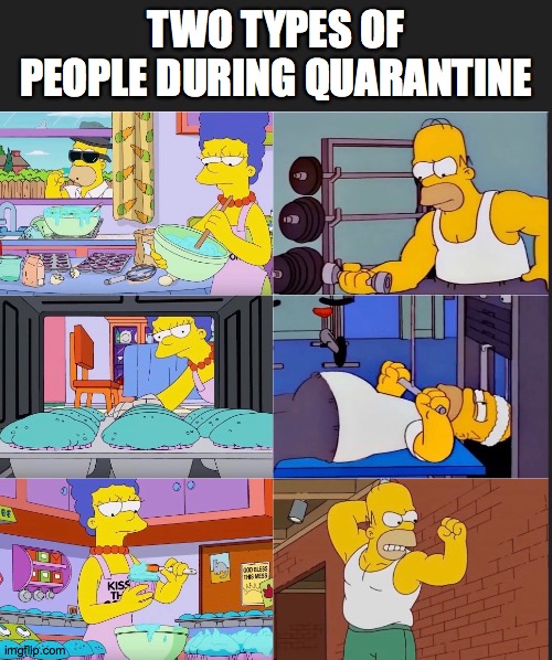 Quarantine | TWO TYPES OF PEOPLE DURING QUARANTINE | image tagged in quarantine,thesimpsons,gym,baking | made w/ Imgflip meme maker