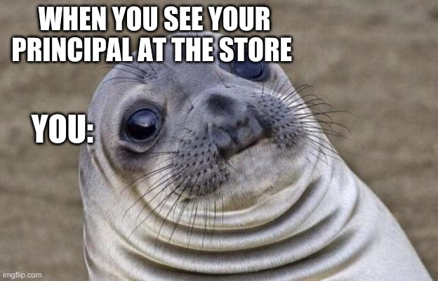 Awkward Moment Sealion | WHEN YOU SEE YOUR PRINCIPAL AT THE STORE; YOU: | image tagged in memes,awkward moment sealion | made w/ Imgflip meme maker