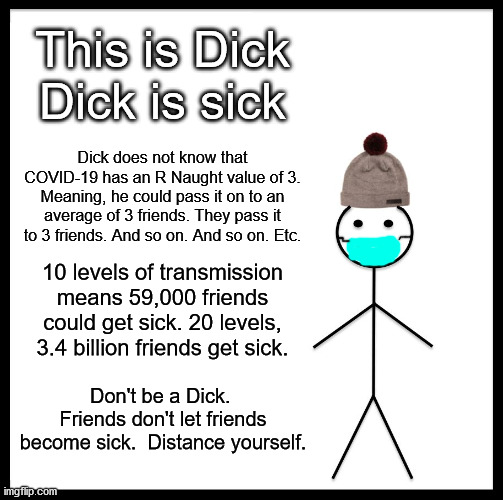 Be Like Bill Meme | This is Dick Dick is sick; Dick does not know that COVID-19 has an R Naught value of 3. Meaning, he could pass it on to an average of 3 friends. They pass it to 3 friends. And so on. And so on. Etc. 10 levels of transmission means 59,000 friends could get sick. 20 levels, 3.4 billion friends get sick. Don't be a Dick. 
Friends don't let friends become sick.  Distance yourself. | image tagged in memes,be like bill | made w/ Imgflip meme maker