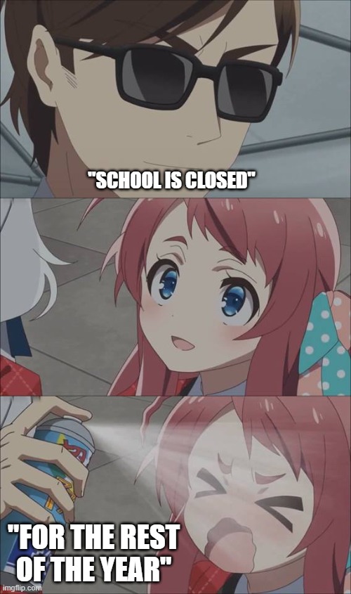 Anime spray | "SCHOOL IS CLOSED"; "FOR THE REST OF THE YEAR" | image tagged in anime spray | made w/ Imgflip meme maker