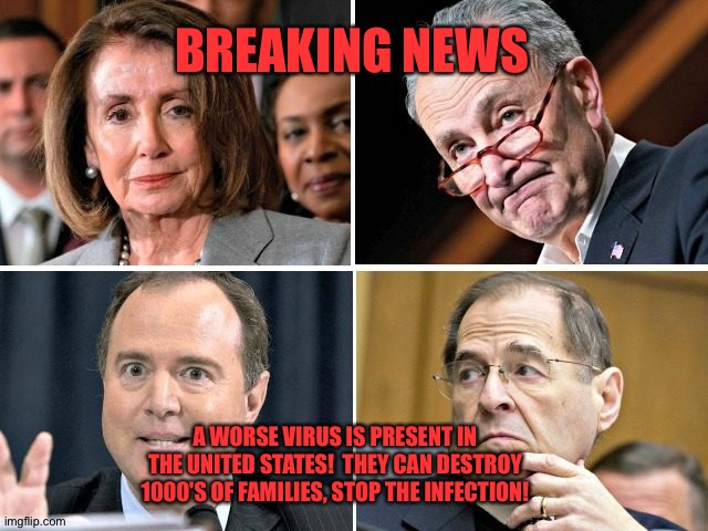 Pelosi/Schumer/Schiff/Nadler | BREAKING NEWS; A WORSE VIRUS IS PRESENT IN THE UNITED STATES!  THEY CAN DESTROY 1000'S OF FAMILIES, STOP THE INFECTION! | image tagged in pelosi/schumer/schiff/nadler | made w/ Imgflip meme maker