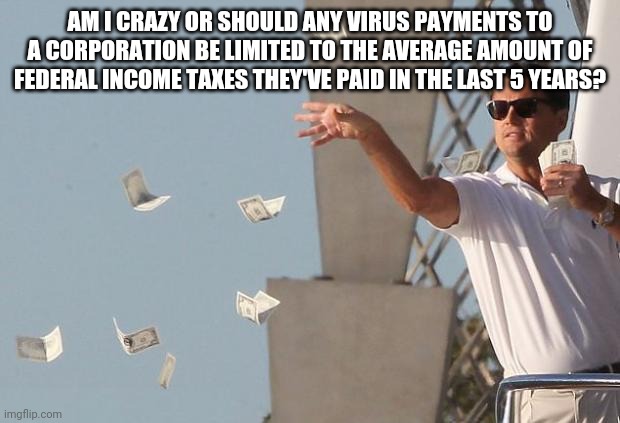 Wolf of Wall Street Money | AM I CRAZY OR SHOULD ANY VIRUS PAYMENTS TO A CORPORATION BE LIMITED TO THE AVERAGE AMOUNT OF FEDERAL INCOME TAXES THEY'VE PAID IN THE LAST 5 YEARS? | image tagged in wolf of wall street money | made w/ Imgflip meme maker