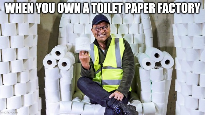 WHEN YOU OWN A TOILET PAPER FACTORY | image tagged in memes | made w/ Imgflip meme maker