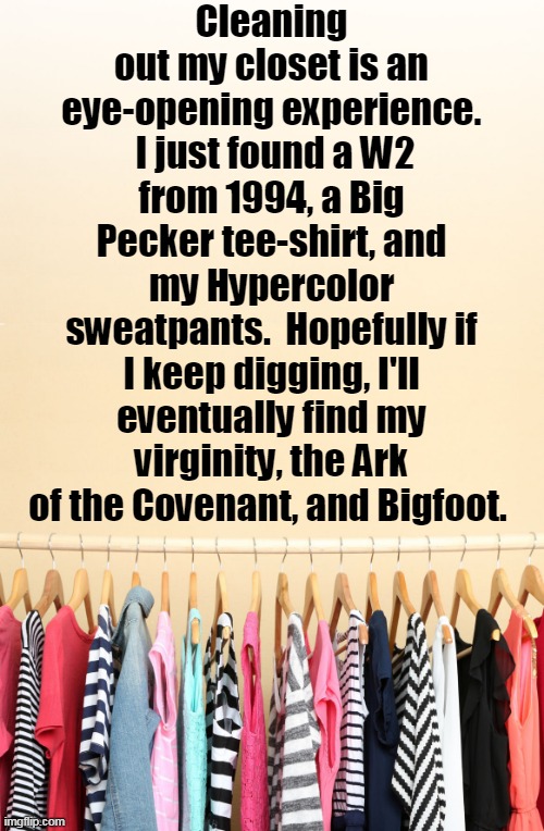 Closet cleaning | Cleaning out my closet is an eye-opening experience.  I just found a W2 from 1994, a Big Pecker tee-shirt, and my Hypercolor sweatpants.  Hopefully if I keep digging, I'll eventually find my virginity, the Ark of the Covenant, and Bigfoot. | image tagged in funny memes | made w/ Imgflip meme maker
