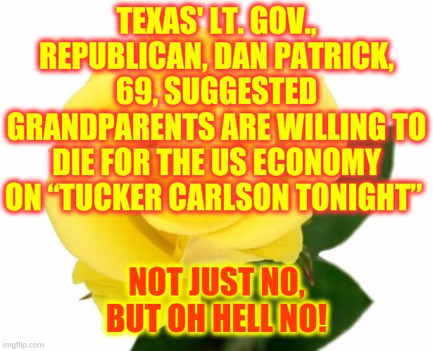 Translation : He's Willing To Risk YOUR Life Not His | TEXAS' LT. GOV., REPUBLICAN, DAN PATRICK, 69, SUGGESTED GRANDPARENTS ARE WILLING TO DIE FOR THE US ECONOMY ON “TUCKER CARLSON TONIGHT”; NOT JUST NO, BUT OH HELL NO! | image tagged in yellow rose of friendship,memes,trump unfit unqualified dangerous,liar in chief,coronavirus,covid-19 | made w/ Imgflip meme maker