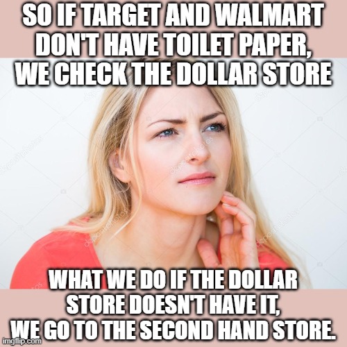 there is always Plan C | SO IF TARGET AND WALMART DON'T HAVE TOILET PAPER, WE CHECK THE DOLLAR STORE; WHAT WE DO IF THE DOLLAR STORE DOESN'T HAVE IT, WE GO TO THE SECOND HAND STORE. | image tagged in thinking woman,tp solutions | made w/ Imgflip meme maker