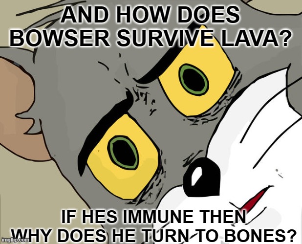 Unsettled Tom Meme | AND HOW DOES BOWSER SURVIVE LAVA? IF HES IMMUNE THEN WHY DOES HE TURN TO BONES? | image tagged in memes,unsettled tom | made w/ Imgflip meme maker