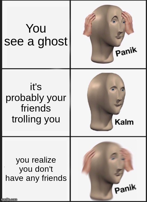 Panik Kalm Panik | You see a ghost; it's probably your friends trolling you; you realize you don't have any friends | image tagged in memes,panik kalm panik | made w/ Imgflip meme maker