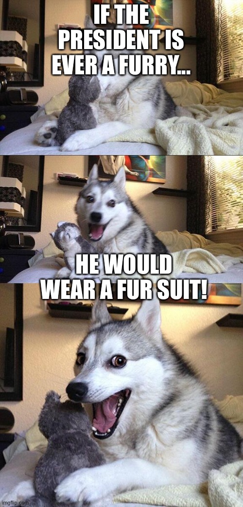 It do be tru tho | IF THE PRESIDENT IS EVER A FURRY... HE WOULD WEAR A FUR SUIT! | image tagged in bad dog puns | made w/ Imgflip meme maker